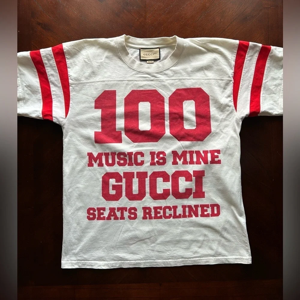 Gucci White Tee with Red Number Design UNISEX   100 music is mine